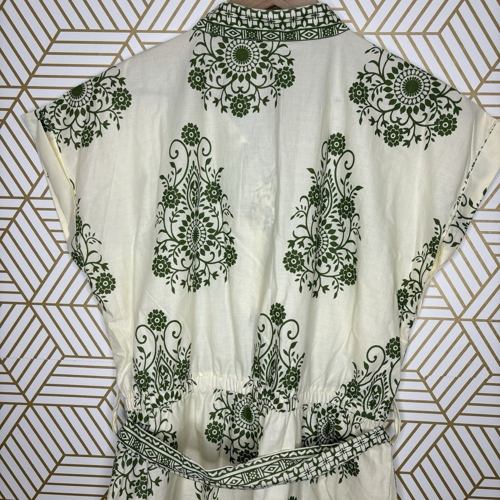 Kaktus Shirt Dress Medium Ivory Green Floral Cotton Belted Button Midi Boho Cap - Picture 7 of 11
